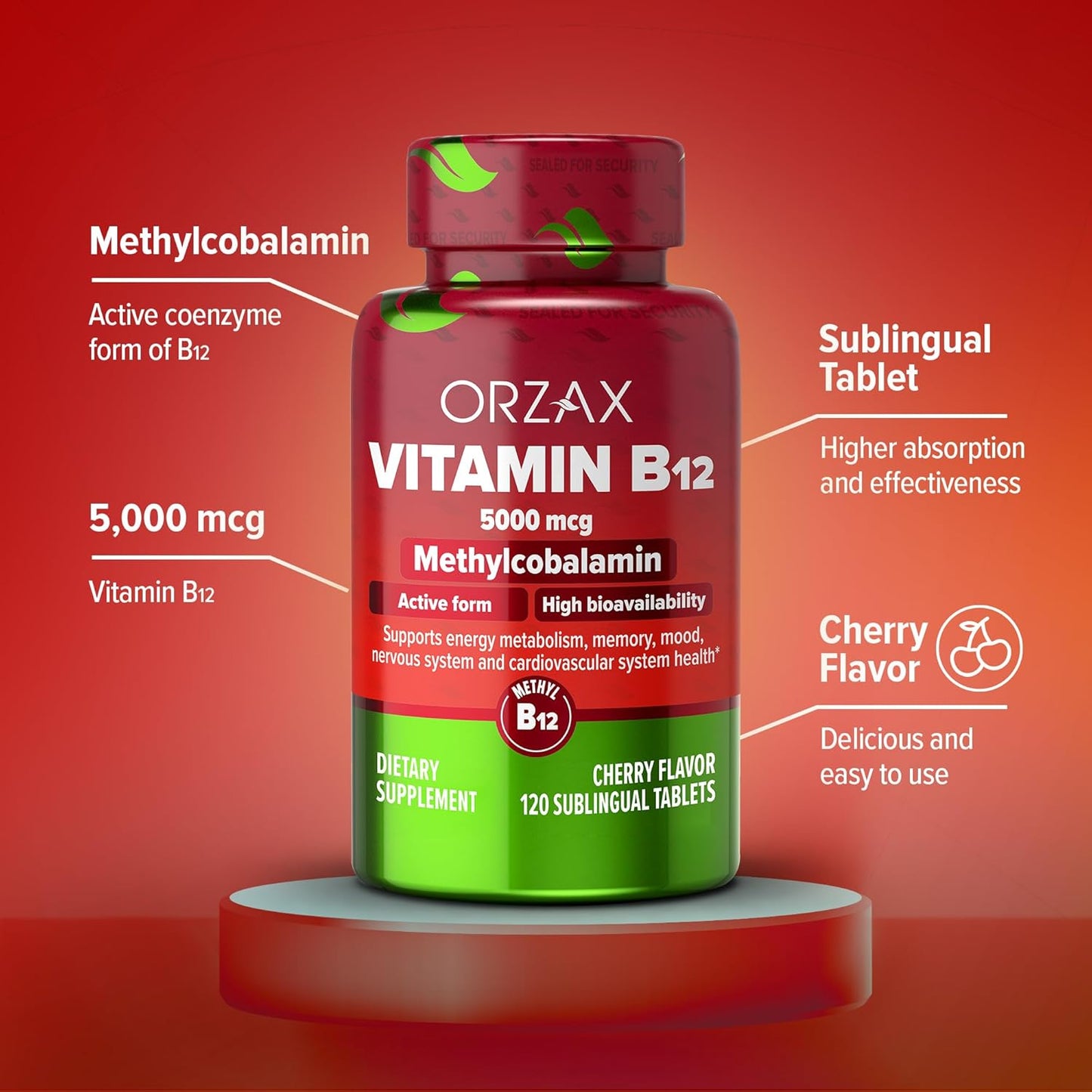 Cherry Flavored ORZAX Vitamin B12 5000 mcg Methylcobalamin - 120 Sublingual Tablets for Memory, Mood, Cardiovascular Health & Energy