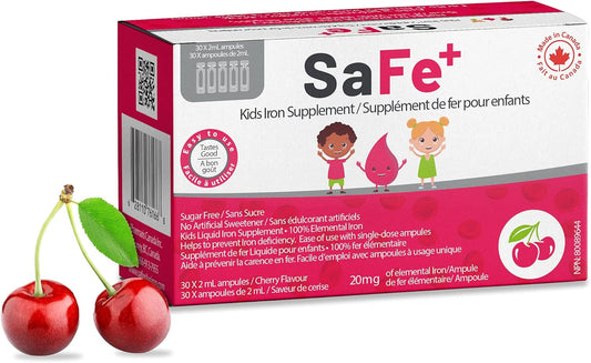 Cherry-Flavored SaFe+ Liquid Iron for Kids | Easy-to-Use 20mg/2mL Ampules | 30 Sugar-Free Unit-Doses | Promotes Overall Health & Wellness