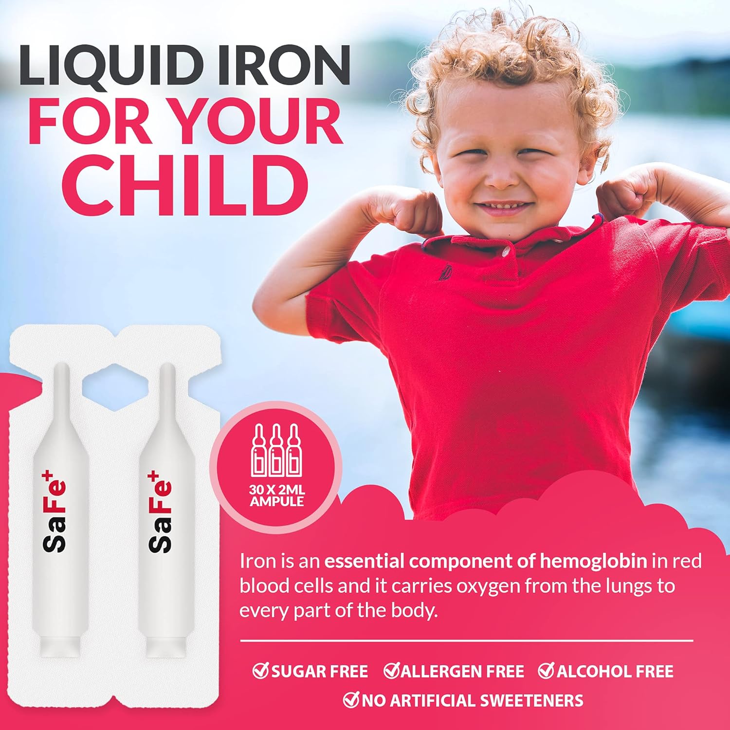 Cherry-Flavored SaFe+ Liquid Iron for Kids | Easy-to-Use 20mg/2mL Ampules | 30 Sugar-Free Unit-Doses | Promotes Overall Health & Wellness