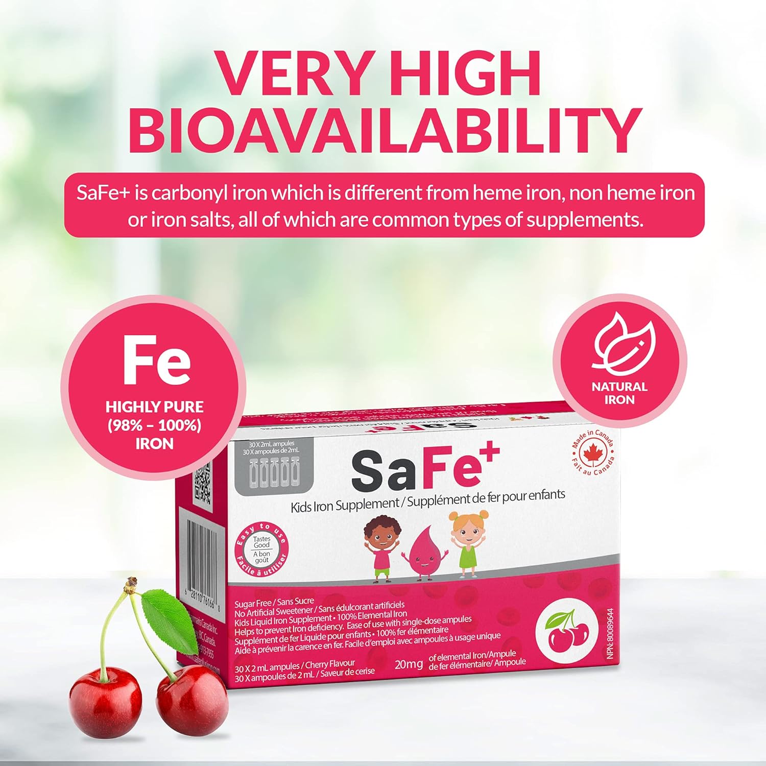 Cherry-Flavored SaFe+ Liquid Iron for Kids | Easy-to-Use 20mg/2mL Ampules | 30 Sugar-Free Unit-Doses | Promotes Overall Health & Wellness