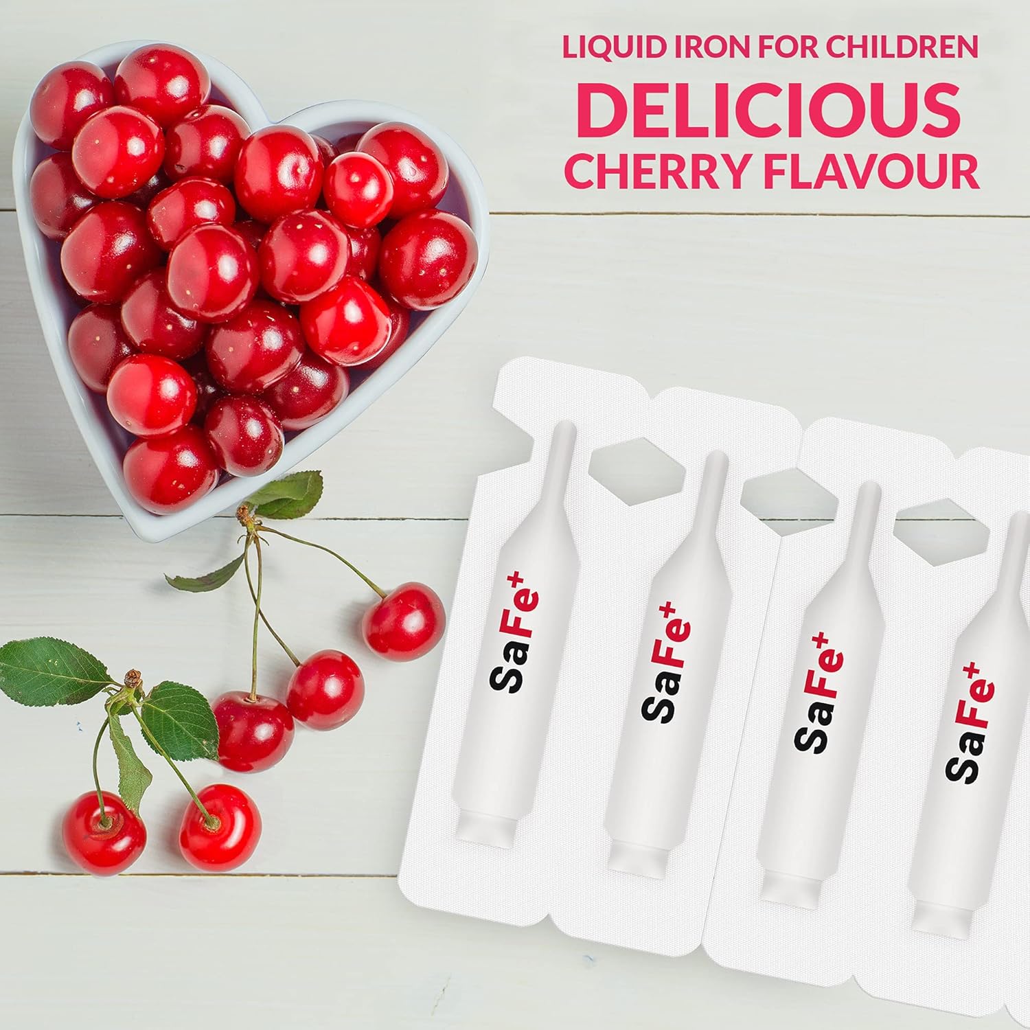 Cherry-Flavored SaFe+ Liquid Iron for Kids | Easy-to-Use 20mg/2mL Ampules | 30 Sugar-Free Unit-Doses | Promotes Overall Health & Wellness