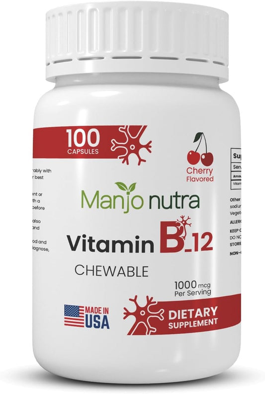 Cherry Flavored Vitamin B-12 1000 mcg Chewable Tablets - Halal, Vegetarian, Vegan - 100 Tablets