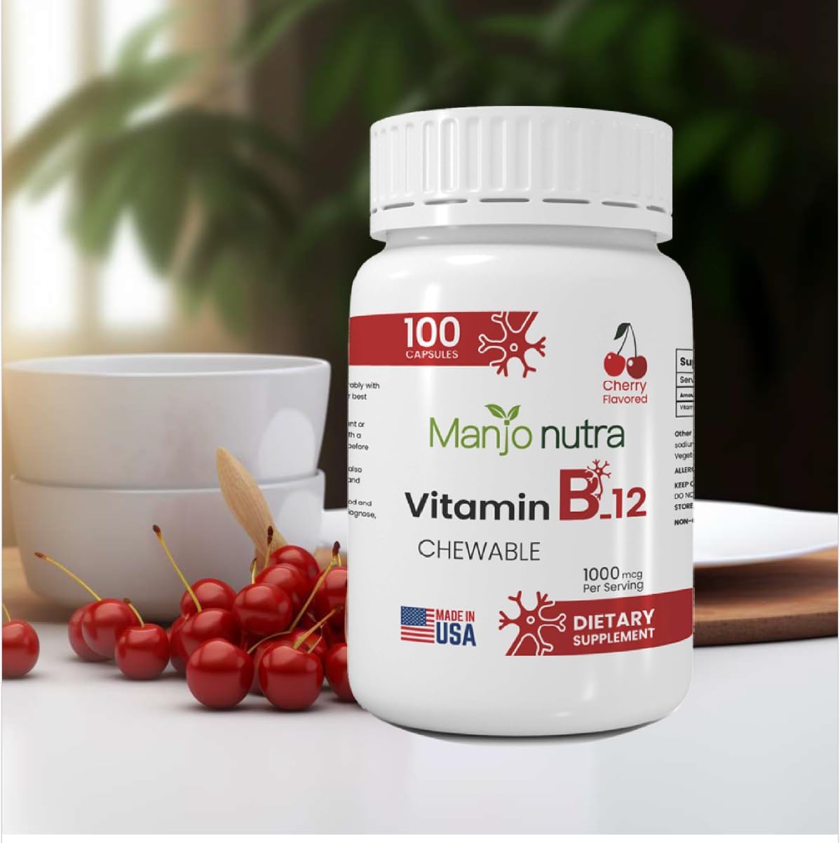 Cherry Flavored Vitamin B-12 1000 mcg Chewable Tablets - Halal, Vegetarian, Vegan - 100 Tablets