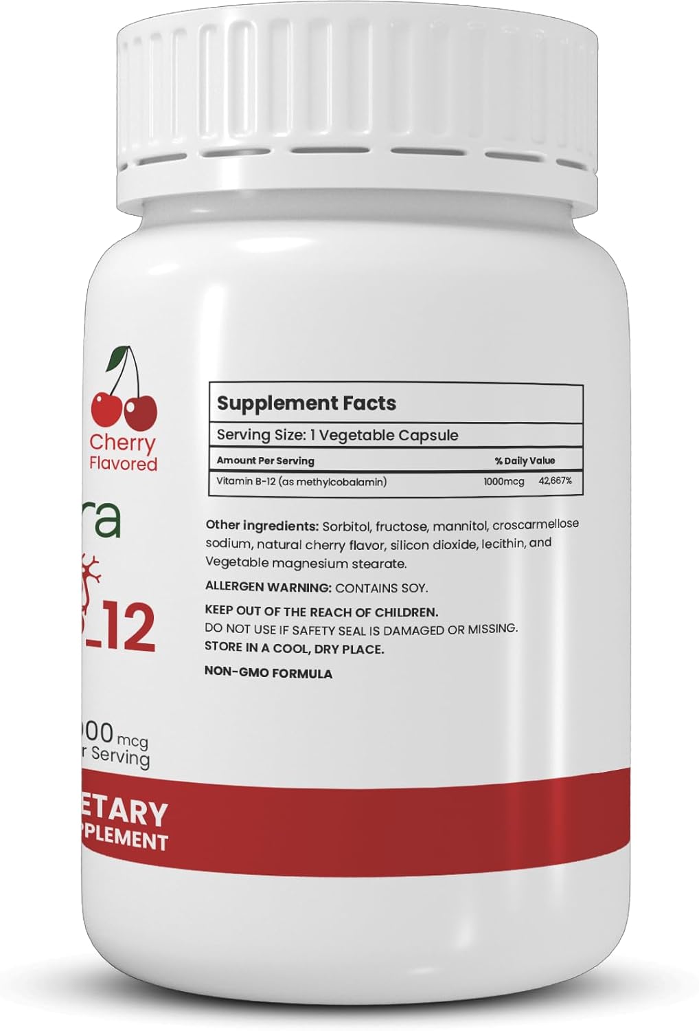 Cherry Flavored Vitamin B-12 1000 mcg Chewable Tablets - Halal, Vegetarian, Vegan - 100 Tablets