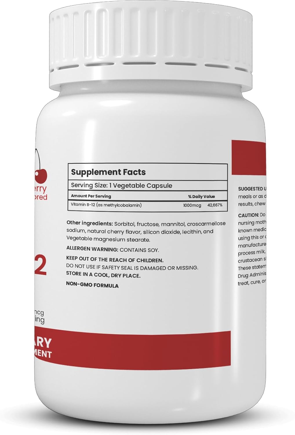 Cherry Flavored Vitamin B-12 1000 mcg Chewable Tablets - Halal, Vegetarian, Vegan - 100 Tablets