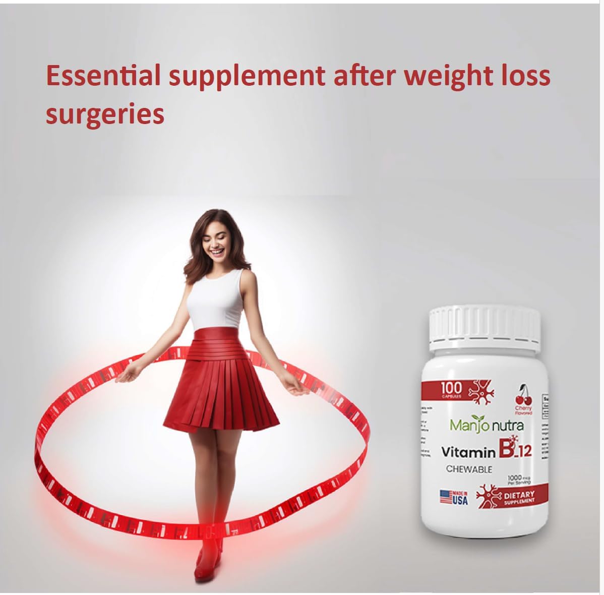 Cherry Flavored Vitamin B-12 1000 mcg Chewable Tablets - Halal, Vegetarian, Vegan - 100 Tablets