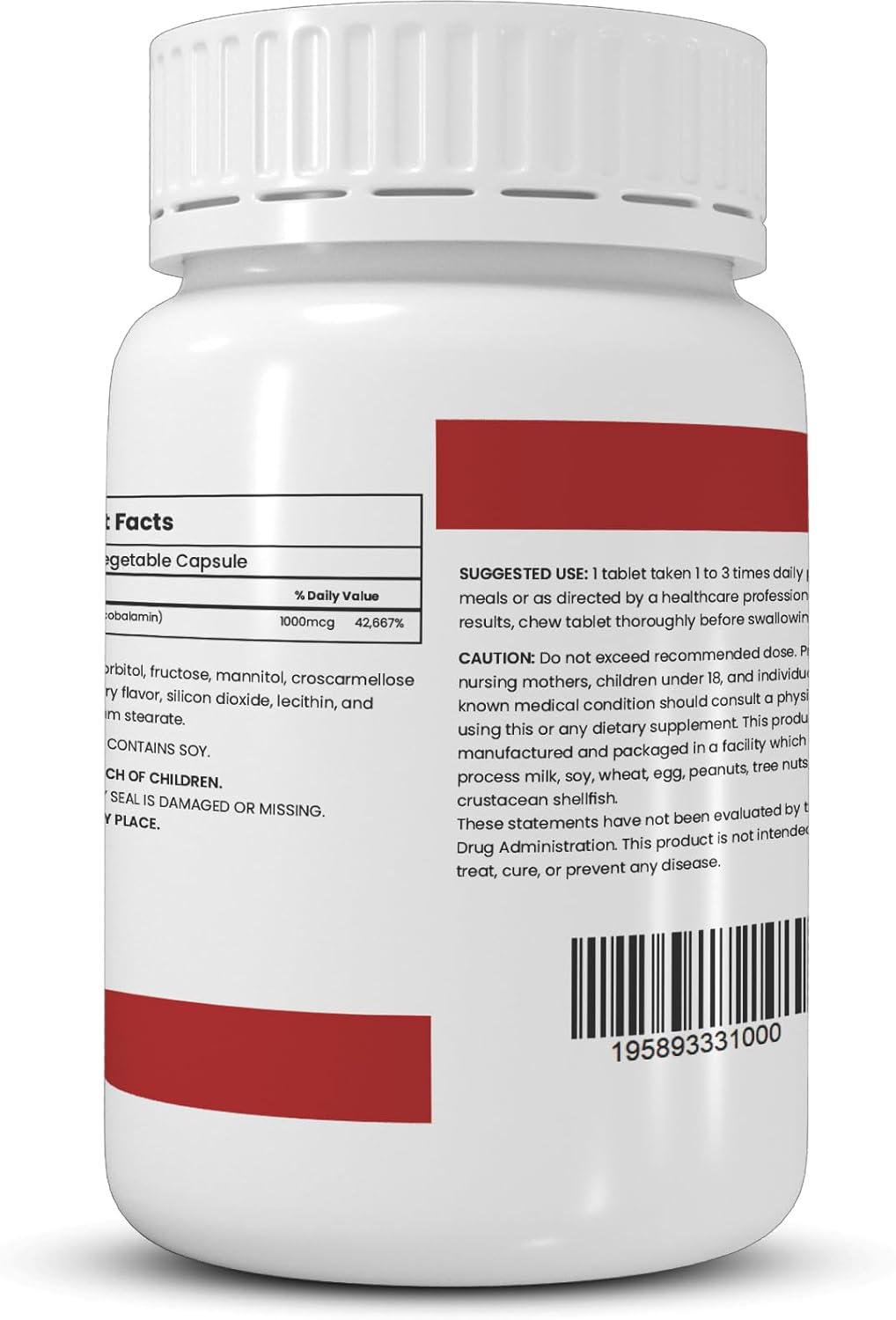 Cherry Flavored Vitamin B-12 1000 mcg Chewable Tablets - Halal, Vegetarian, Vegan - 100 Tablets