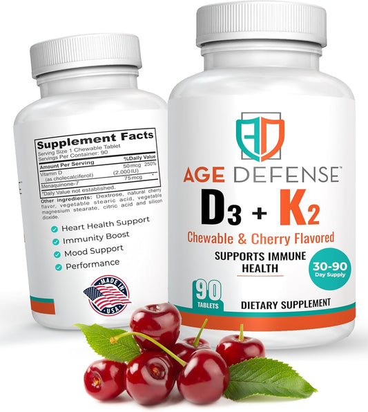 Cherry Flavored Vitamin D3 2000 IU with K2-90 Chewables for Energy & Wellness - Immune Support for Men & Women