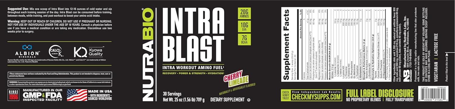 Cherry Limeade NutraBio Intra Blast BCAA EAA Electrolyte Powder - Amino Acid Supplement - Non-GMO, Gluten Free - 30 Servings