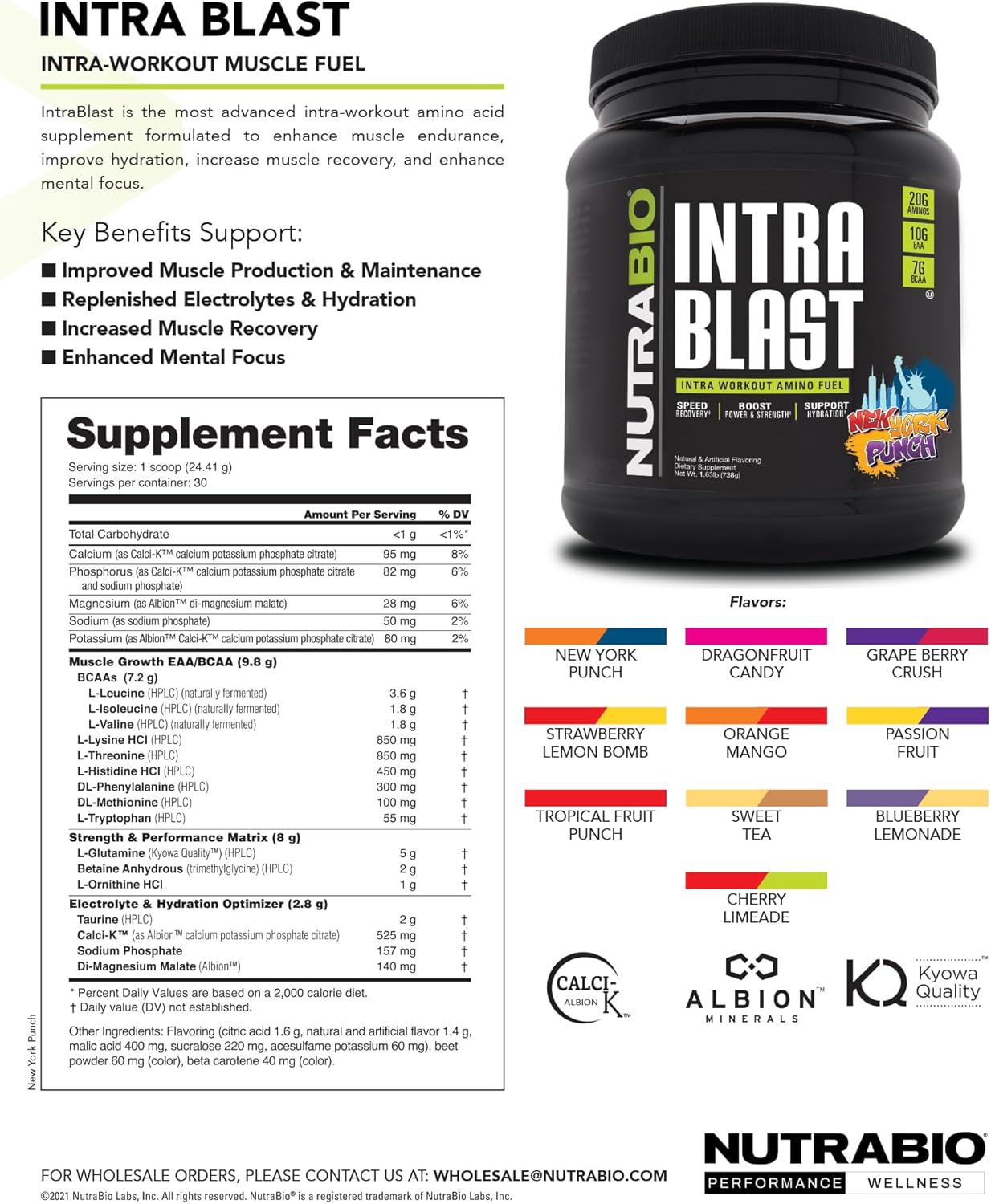 Cherry Limeade NutraBio Intra Blast BCAA EAA Electrolyte Powder - Amino Acid Supplement - Non-GMO, Gluten Free - 30 Servings