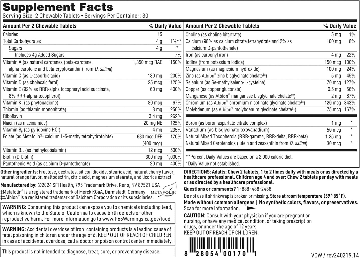 Cherry-Orange Flavored Multivitamin & Multimineral Chewable Tablets for Kids & Adults - 24 Vital Nutrients, No Artificial Ingredients - 60 Count