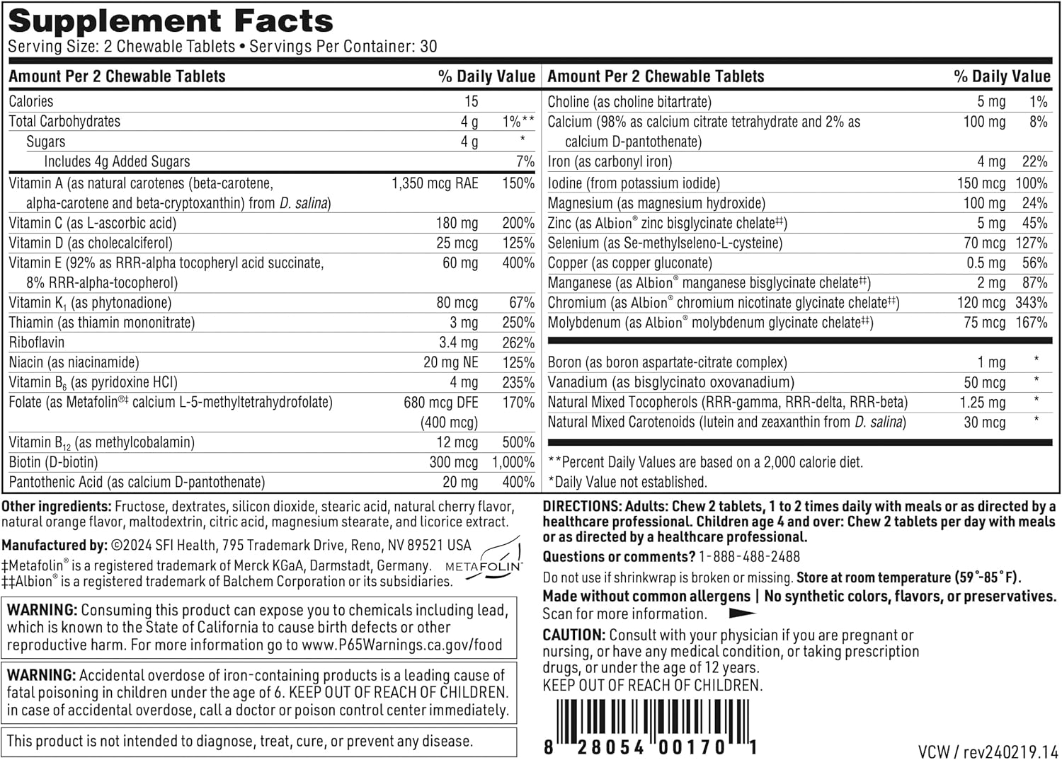 Cherry-Orange Flavored Multivitamin & Multimineral Chewable Tablets for Kids & Adults - 24 Vital Nutrients, No Artificial Ingredients - 60 Count