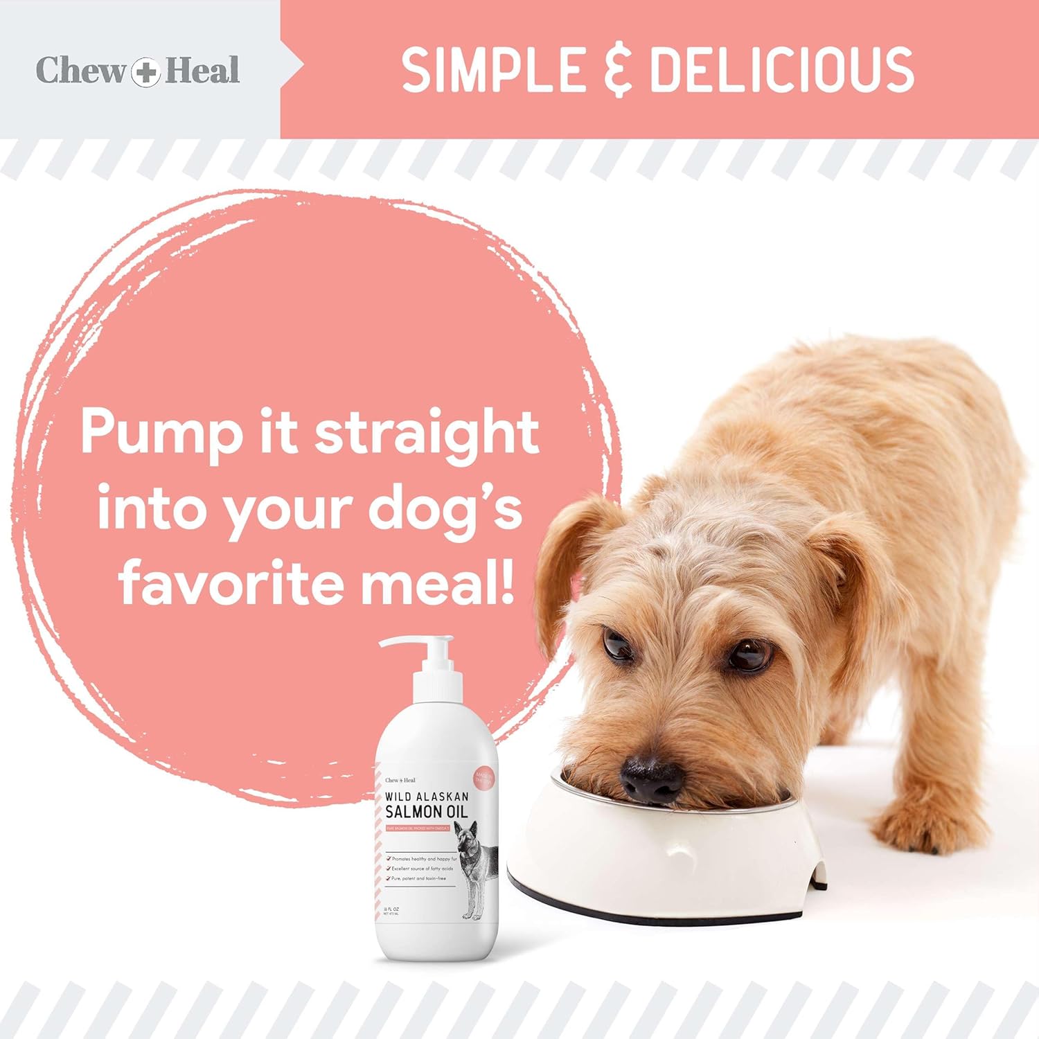 Chew + Heal Labs Wild Alaskan Salmon Fish Oil for Dogs - 16 oz. Pump Cap Bottle with Omega-3, 6, Vitamin D, EPA, DHA for Healthy Skin & Coat