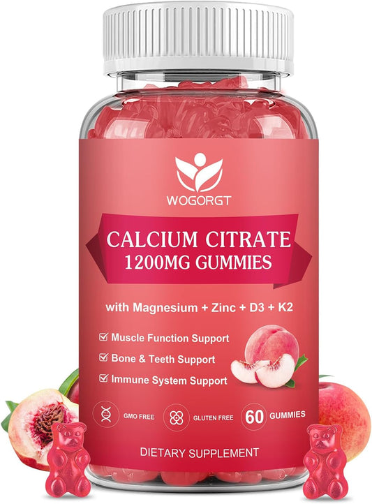 Chewable Calcium Citrate Gummies with Vitamin D3 & K2 - Bone, Teeth, Immune Support - Sea Moss Extract - White Peach Flavor - 60 Gummies