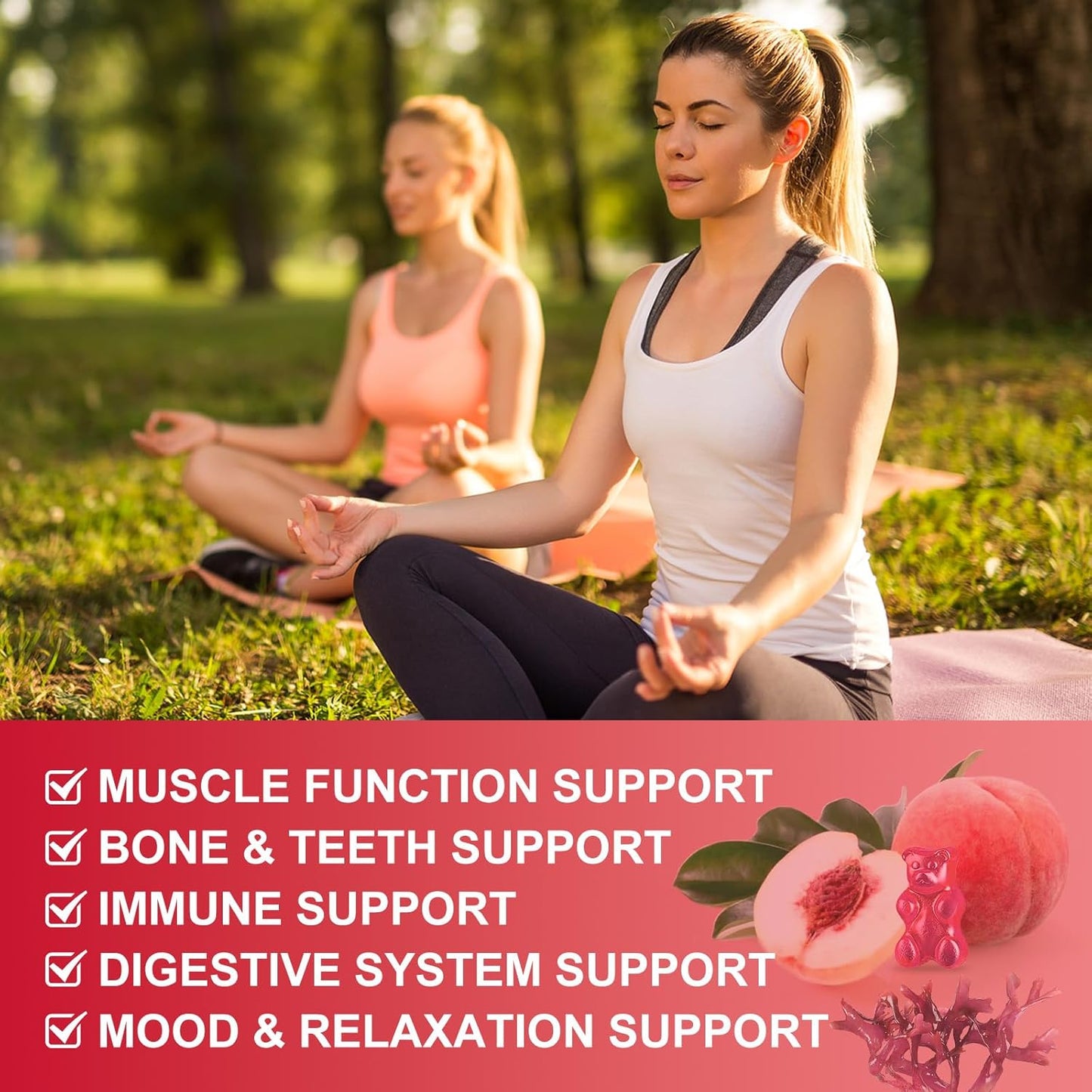 Chewable Calcium Citrate Gummies with Vitamin D3 & K2 - Bone, Teeth, Immune Support - Sea Moss Extract - White Peach Flavor - 60 Gummies