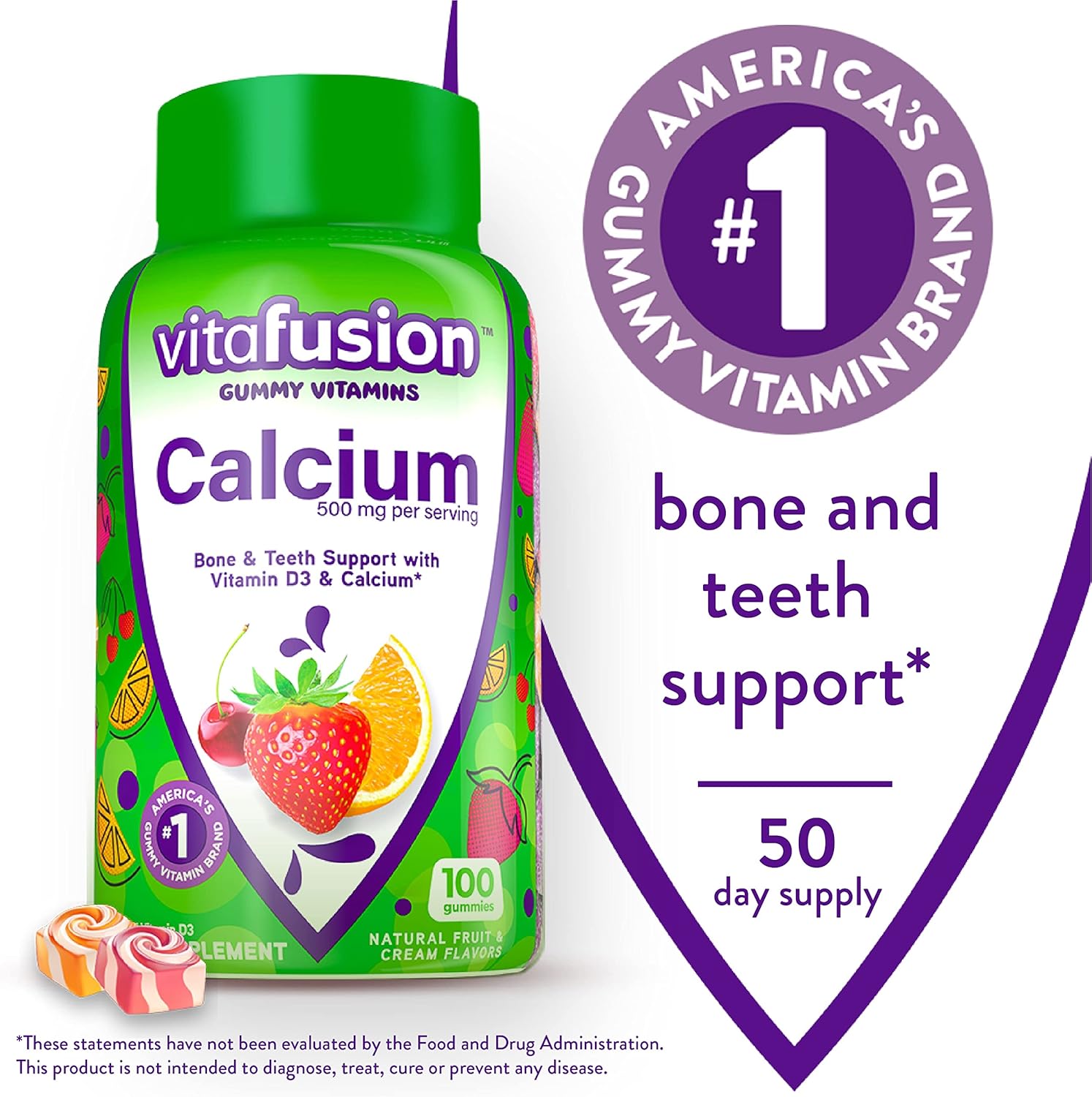 Chewable Calcium Gummy Vitamins with Sugar-Free Fiber for Bone and Teeth Support by Vitafusion