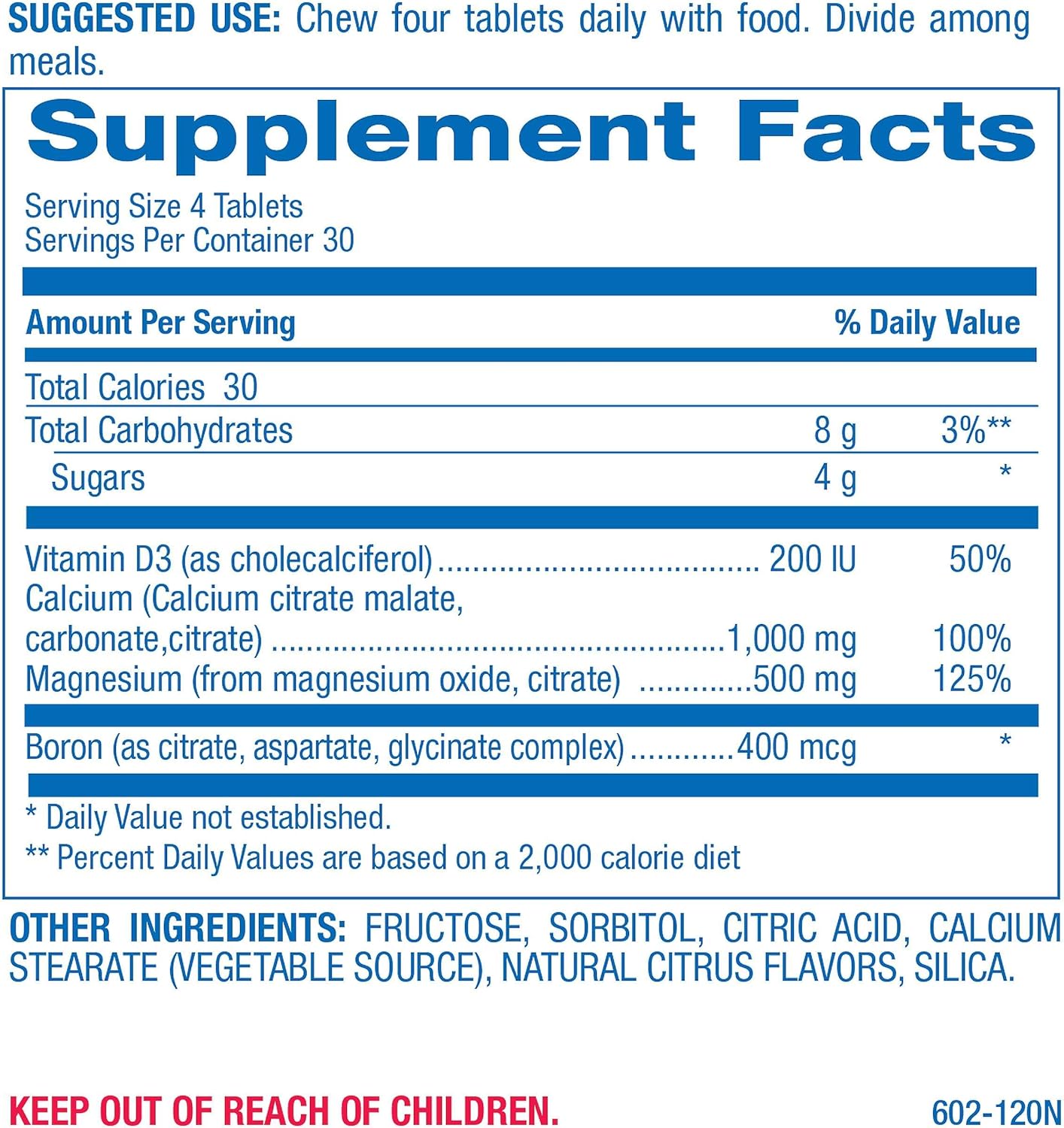 Chewable Calcium Supplement 1000mg with Vitamin D, Magnesium, and Boron - 120 Vegetarian Tablets for Bone, Teeth, and Nerve Health - Citrus Flavor
