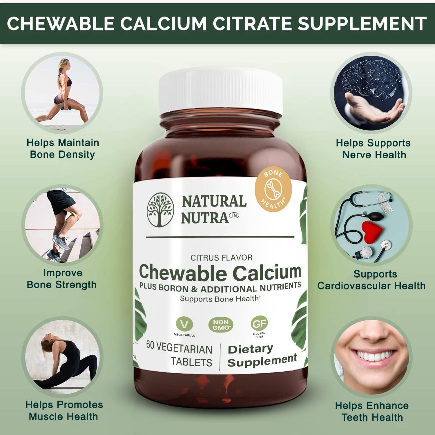 Chewable Calcium Supplement for Bone, Muscle, Teeth, Nerve, and Heart Health - 60 Tablets