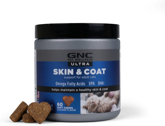 Chewable Chicken Flavored Skin & Coat Supplements for Cats - 60 Soft Chews in an 8-oz Canister by GNC Pets