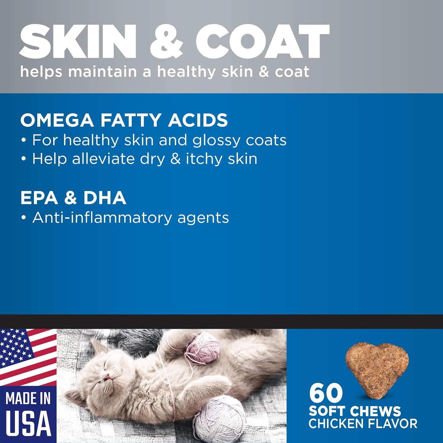 Chewable Chicken Flavored Skin & Coat Supplements for Cats - 60 Soft Chews in an 8-oz Canister by GNC Pets