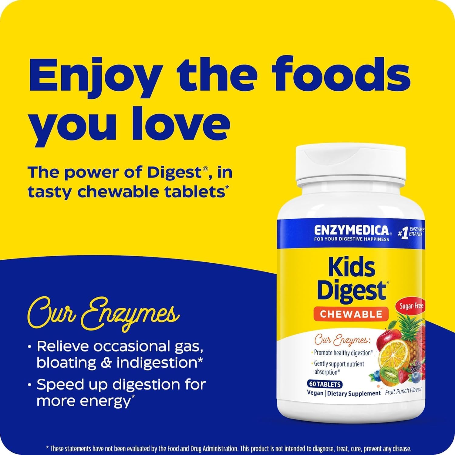 Chewable Digestive Enzymes for Kids - Natural Fruit Punch Flavor - 60 Servings