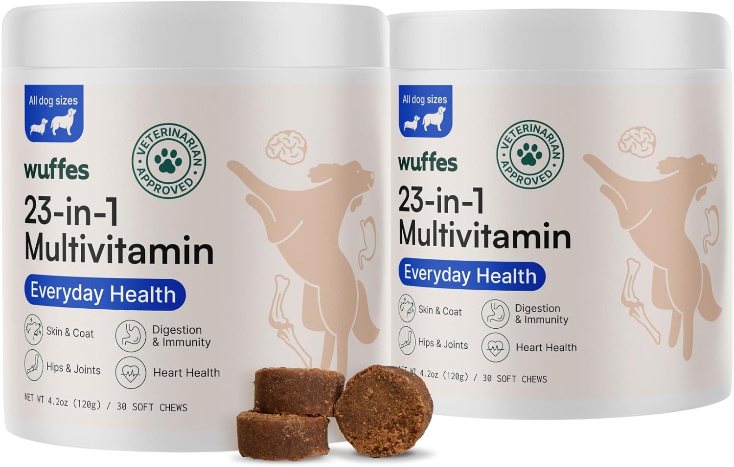 Chewable Dog Multivitamin Bundle for Small & Large Breeds - 2 Pack - 60 Count - Wuffes 23-in-1 Supplements