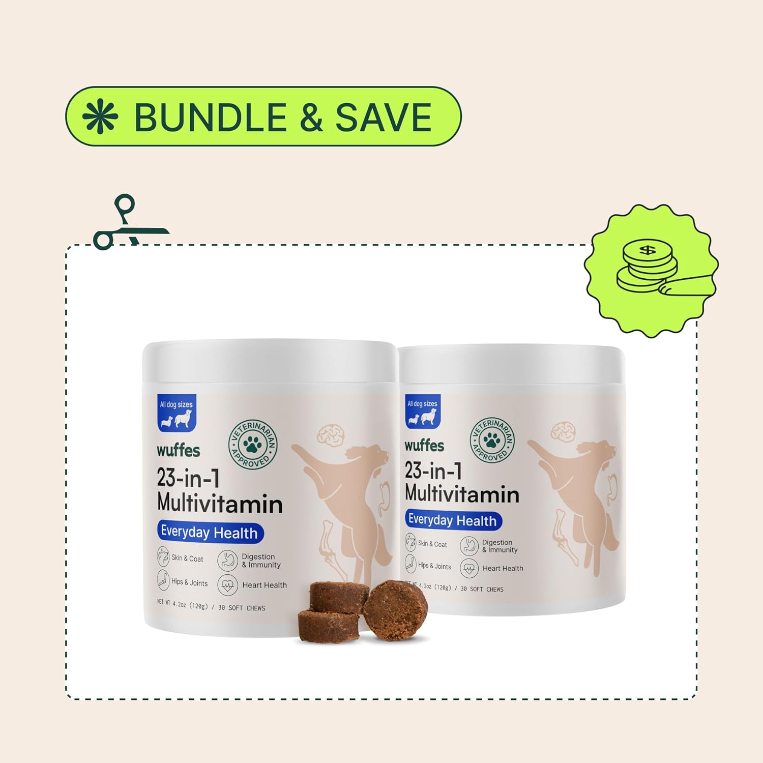 Chewable Dog Multivitamin Bundle for Small & Large Breeds - 2 Pack - 60 Count - Wuffes 23-in-1 Supplements