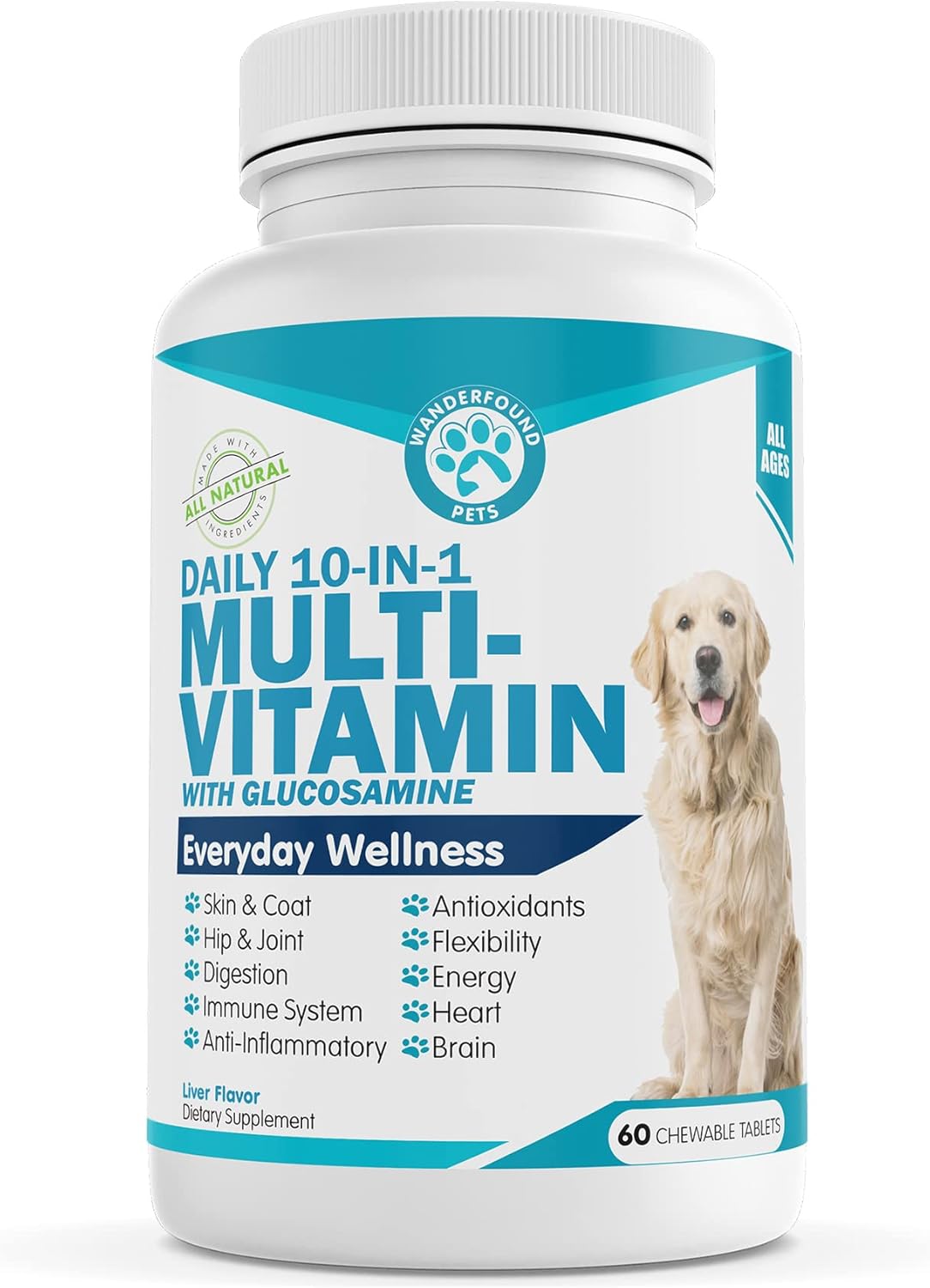 Chewable Dog Multivitamin with Glucosamine, D3, MSM - 60 Liver Flavor Tablets - Immune & Joint Health
