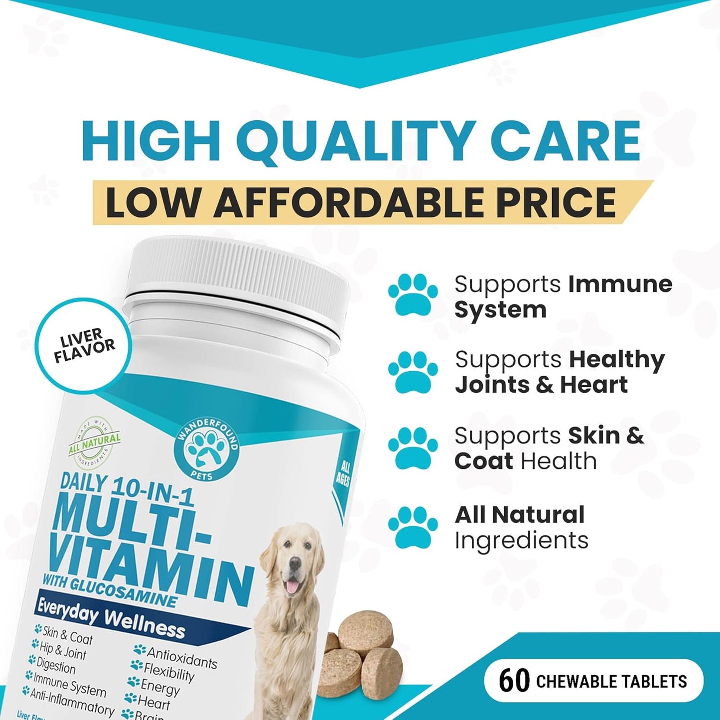 Chewable Dog Multivitamin with Glucosamine, D3, MSM - 60 Liver Flavor Tablets - Immune & Joint Health