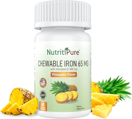 Chewable Iron Carbonyl 65mg with Vitamin C 180mg Pineapple Tablets for Women/Men - 60 Count