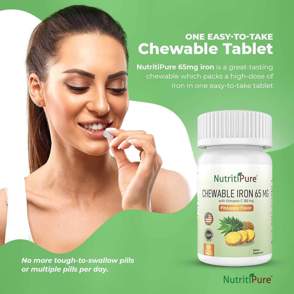 Chewable Iron Carbonyl 65mg with Vitamin C 180mg Pineapple Tablets for Women/Men - 60 Count