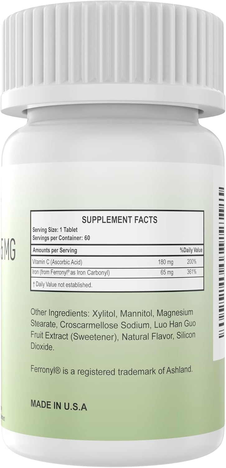 Chewable Iron Carbonyl 65mg with Vitamin C 180mg Pineapple Tablets for Women/Men - 60 Count