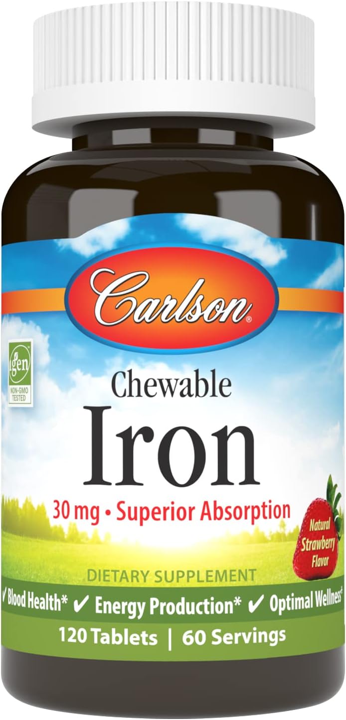 Chewable Iron Supplement 30mg for Men & Women - Superior Absorption, Blood Health, Energy Production, Optimal Wellness - Natural Strawberry Flavor - 120 Tablets