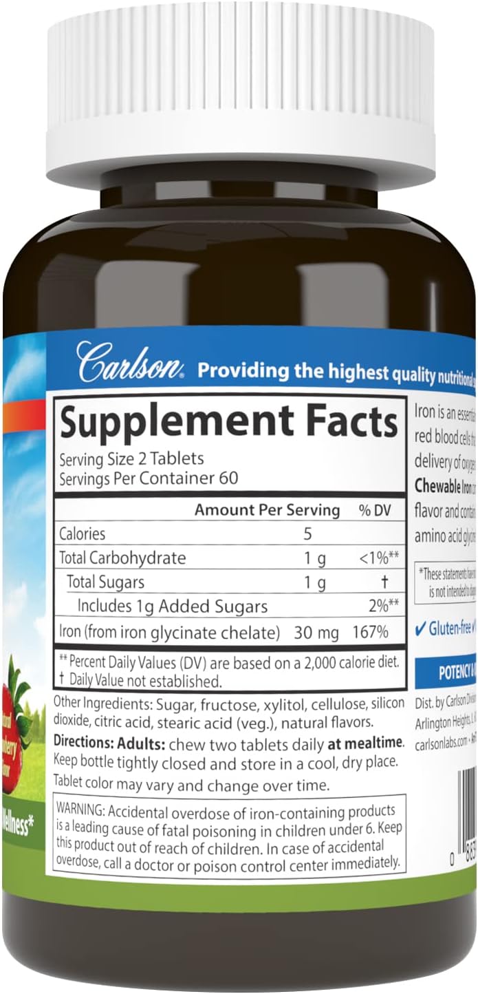 Chewable Iron Supplement 30mg for Men & Women - Superior Absorption, Blood Health, Energy Production, Optimal Wellness - Natural Strawberry Flavor - 120 Tablets