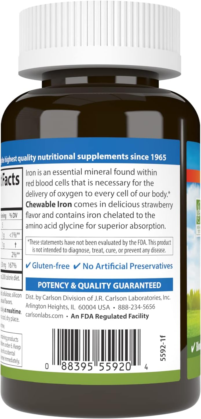 Chewable Iron Supplement 30mg for Men & Women - Superior Absorption, Blood Health, Energy Production, Optimal Wellness - Natural Strawberry Flavor - 120 Tablets
