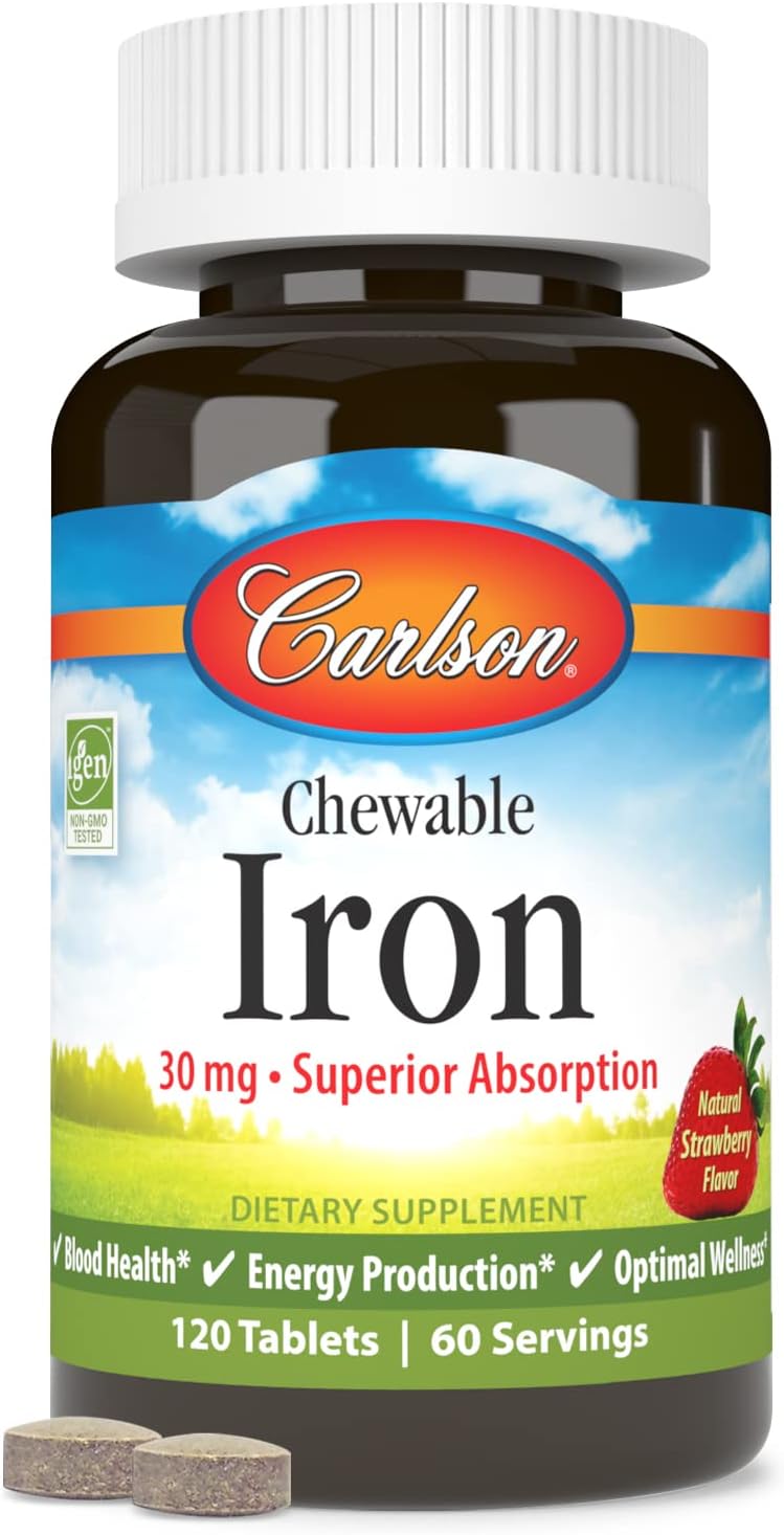 Chewable Iron Supplement 30mg for Men & Women - Superior Absorption, Blood Health, Energy Production, Optimal Wellness - Natural Strawberry Flavor - 120 Tablets