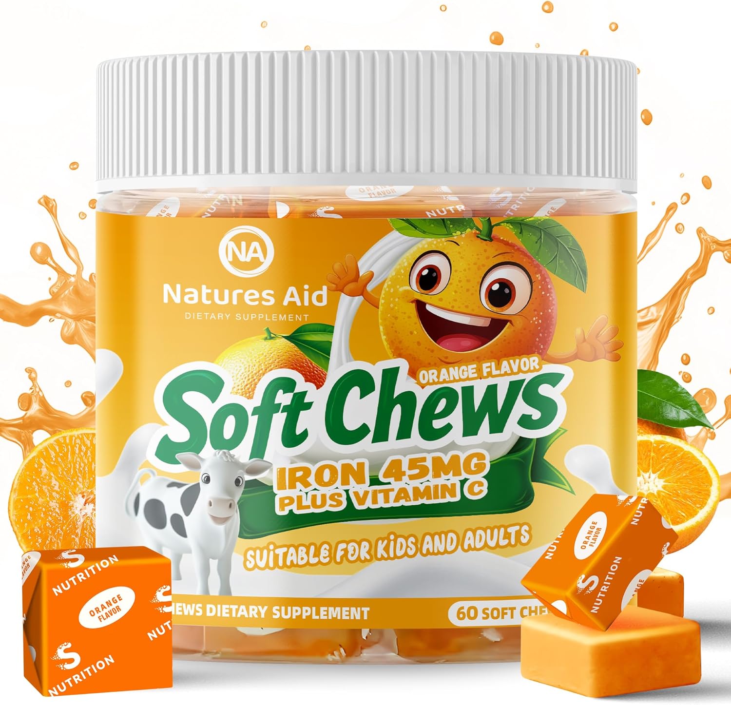 Chewable Iron Supplement for Women, Men, and Kids - Orange Flavor, High Absorption Iron Vitamin C Soft Chew, Ferrous Fumarate, Ideal for Iron Deficiency - 2 Month Supply