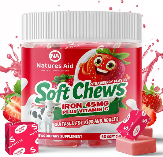 Chewable Iron Supplement for Women, Men, and Kids - Strawberry Flavor, High Absorption Iron Vitamin C Soft Chew, Ferrous Fumarate, 2 Month Supply