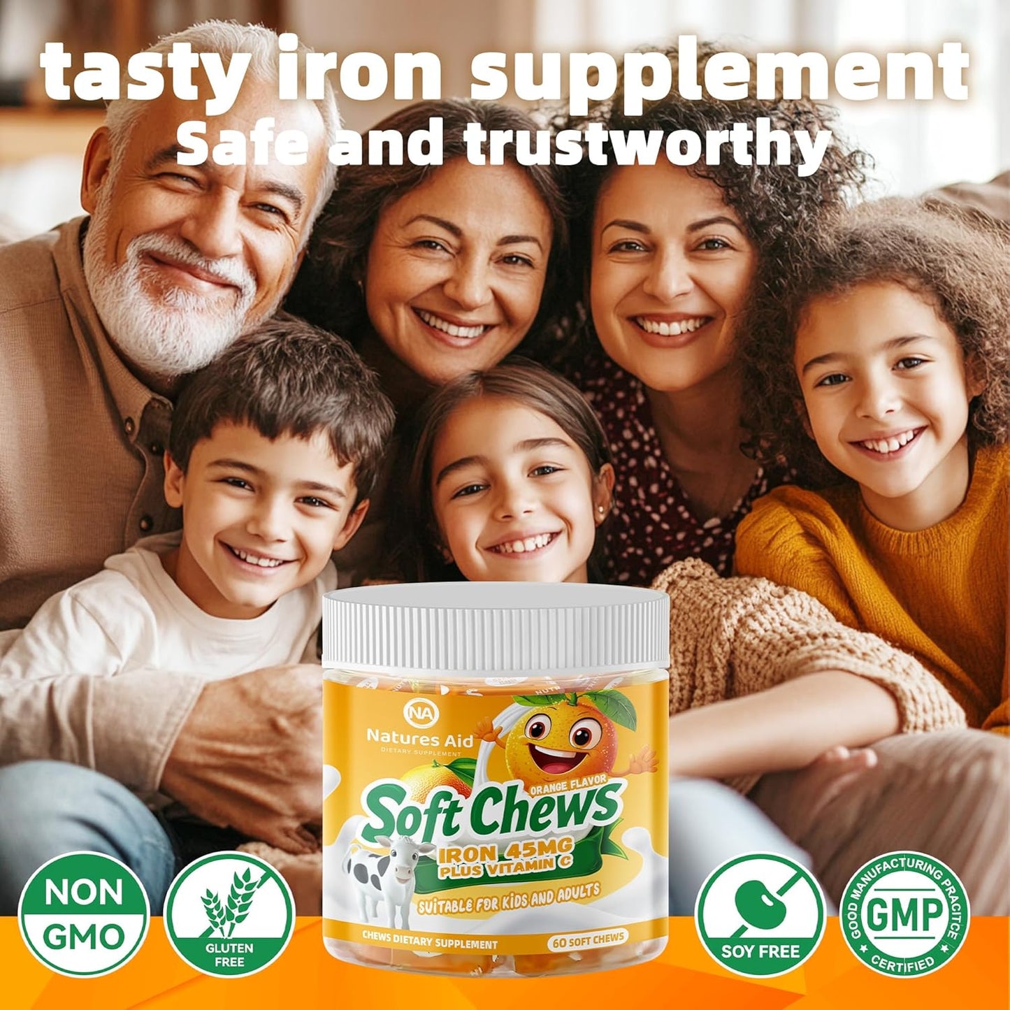 Chewable Iron Supplement for Women, Men, and Kids - Orange Flavor, High Absorption Iron Vitamin C Soft Chew, Ferrous Fumarate, Ideal for Iron Deficiency - 2 Month Supply