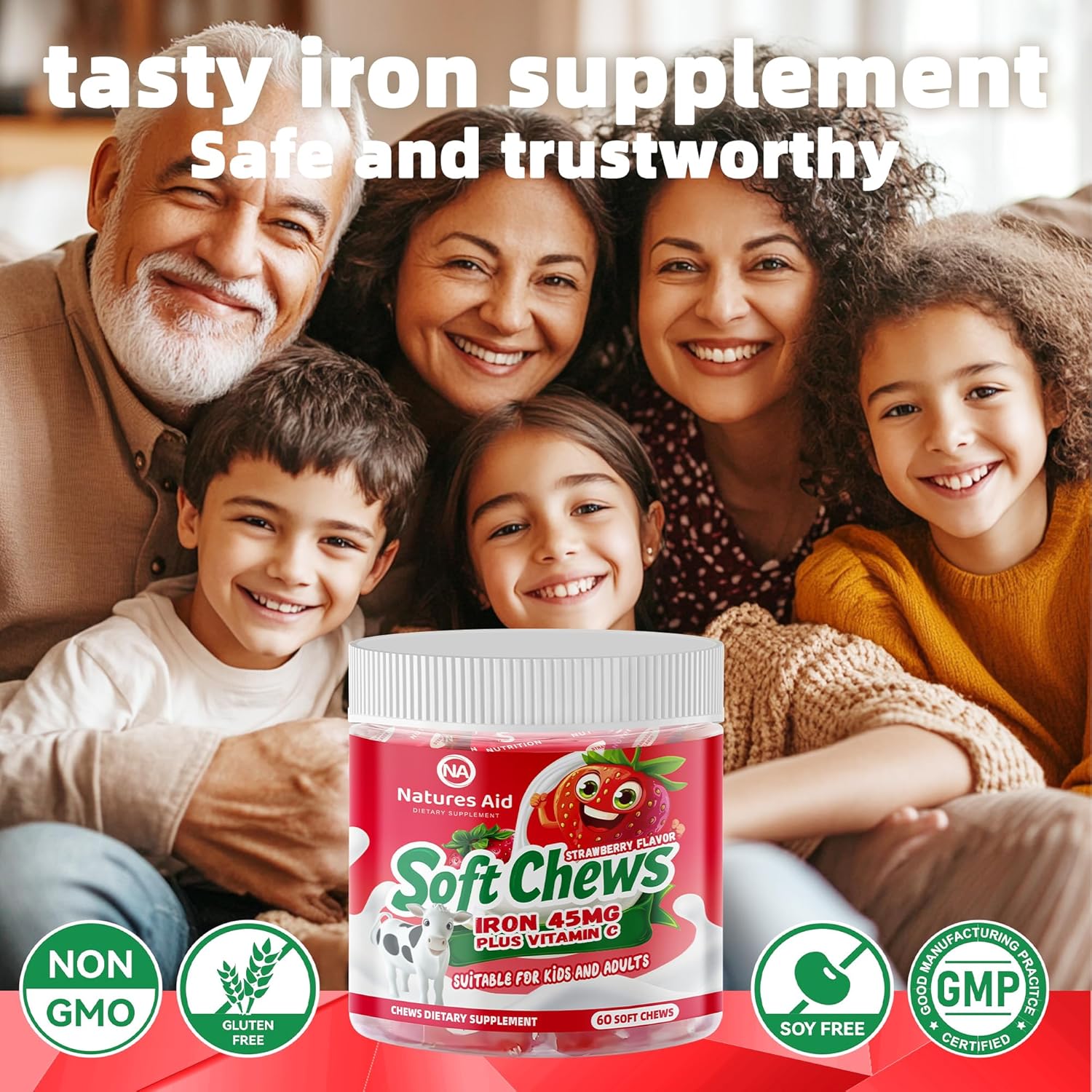 Chewable Iron Supplement for Women, Men, and Kids - Strawberry Flavor, High Absorption Iron Vitamin C Soft Chew, Ferrous Fumarate, 2 Month Supply