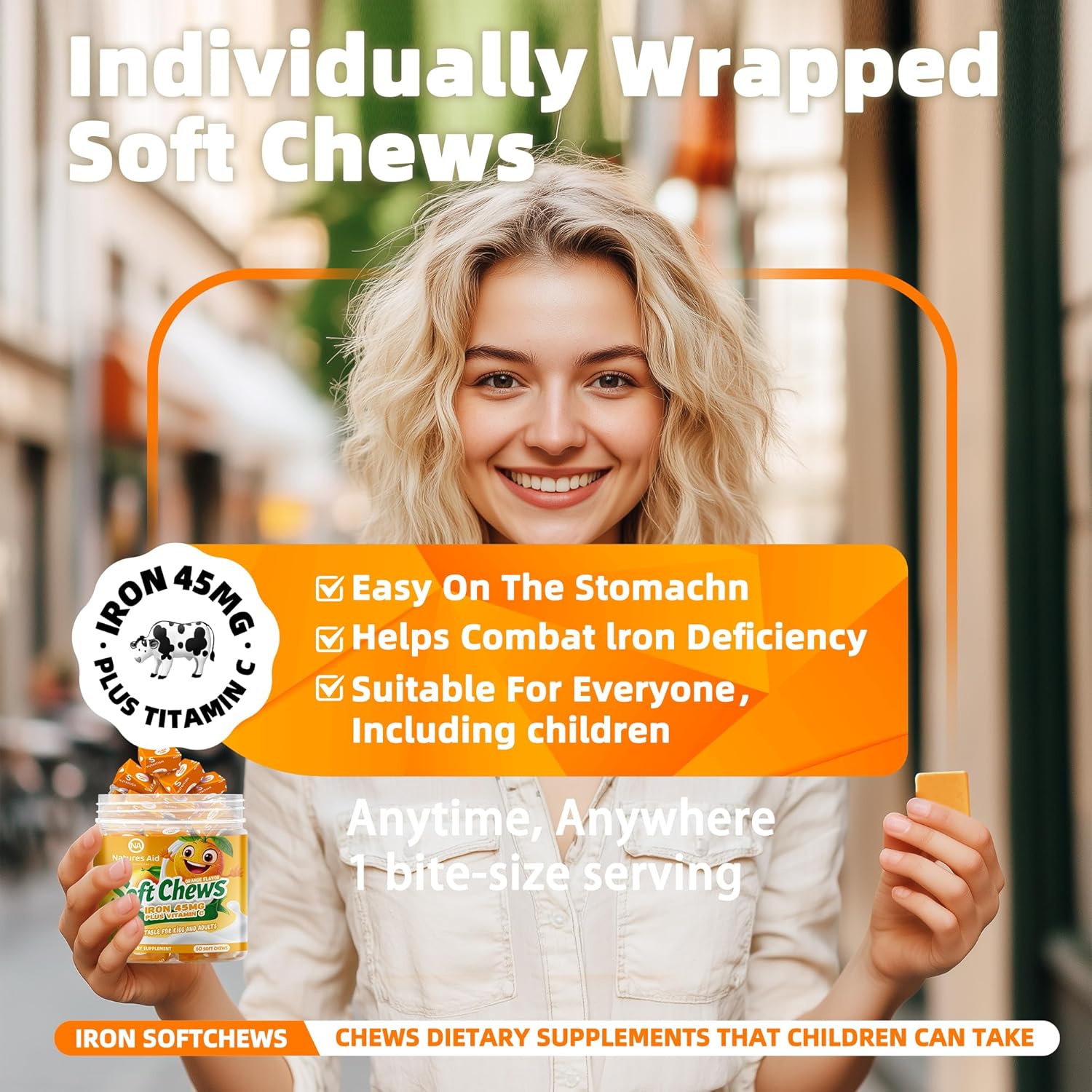 Chewable Iron Supplement for Women, Men, and Kids - Orange Flavor, High Absorption Iron Vitamin C Soft Chew, Ferrous Fumarate, Ideal for Iron Deficiency - 2 Month Supply