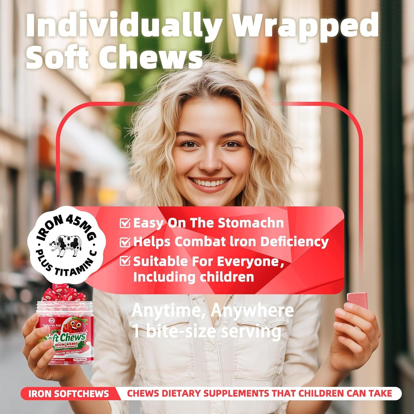 Chewable Iron Supplement for Women, Men, and Kids - Strawberry Flavor, High Absorption Iron Vitamin C Soft Chew, Ferrous Fumarate, 2 Month Supply