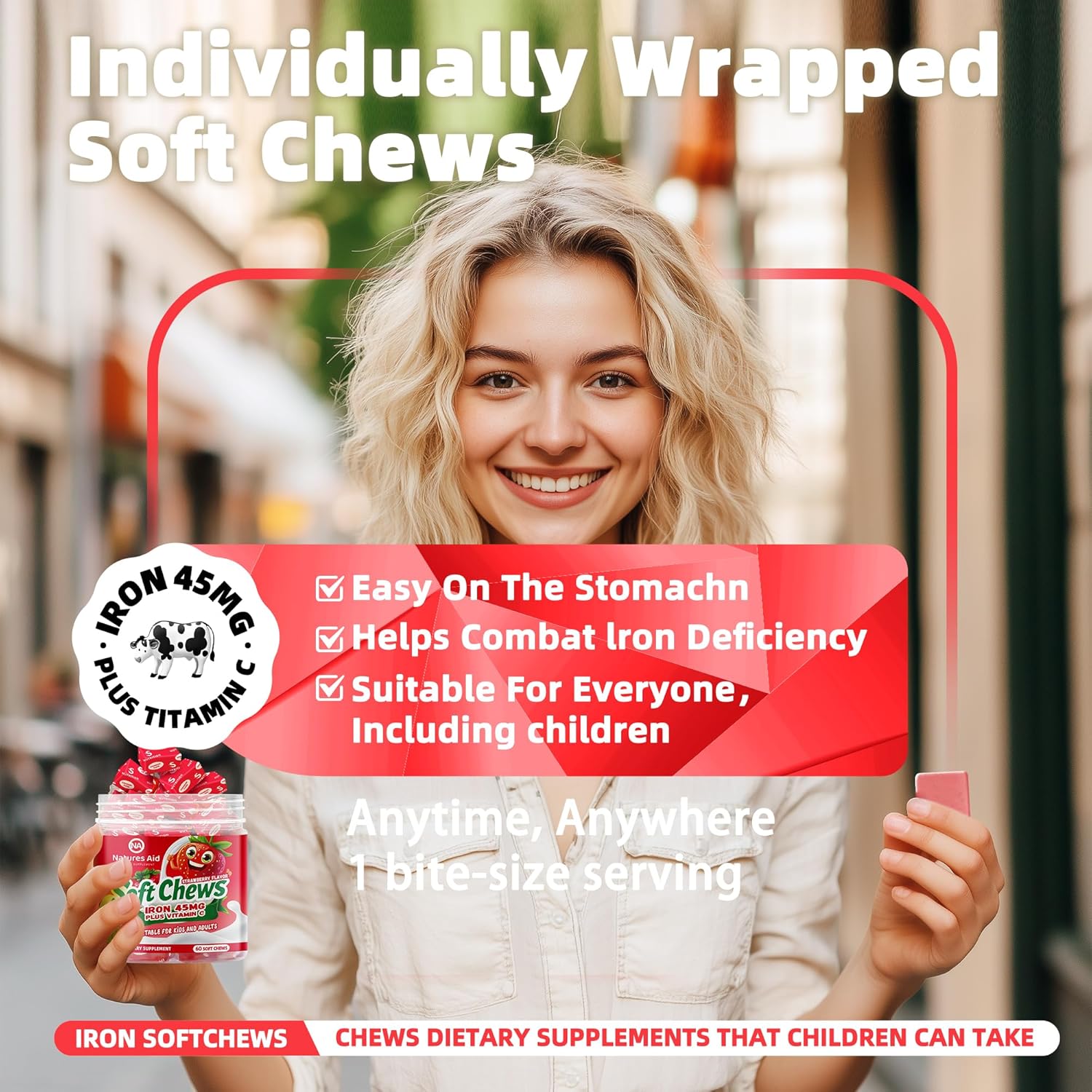 Chewable Iron Supplement for Women, Men, and Kids - Strawberry Flavor, High Absorption Iron Vitamin C Soft Chew, Ferrous Fumarate, 2 Month Supply