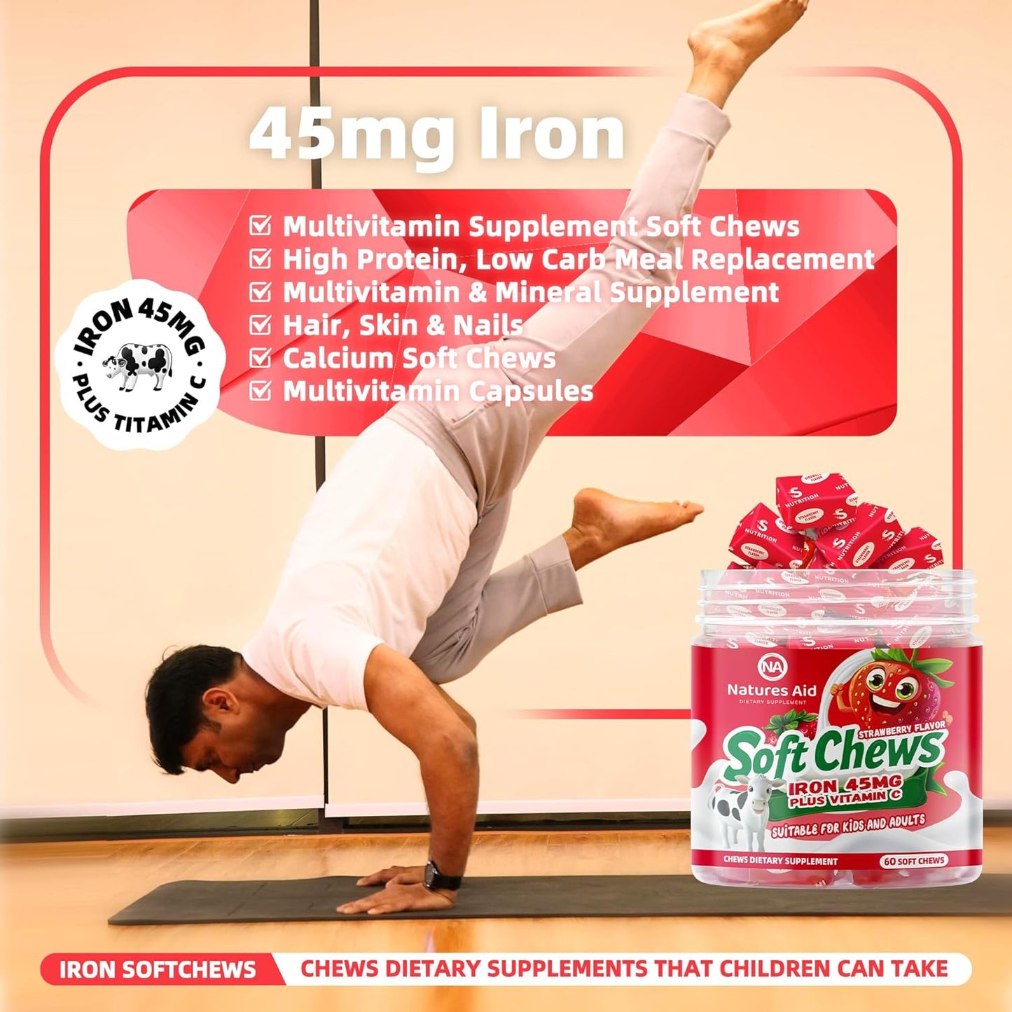 Chewable Iron Supplement for Women, Men, and Kids - Strawberry Flavor, High Absorption Iron Vitamin C Soft Chew, Ferrous Fumarate, 2 Month Supply