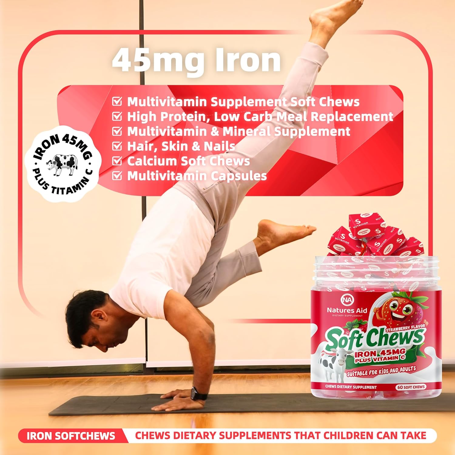 Chewable Iron Supplement for Women, Men, and Kids - Strawberry Flavor, High Absorption Iron Vitamin C Soft Chew, Ferrous Fumarate, 2 Month Supply