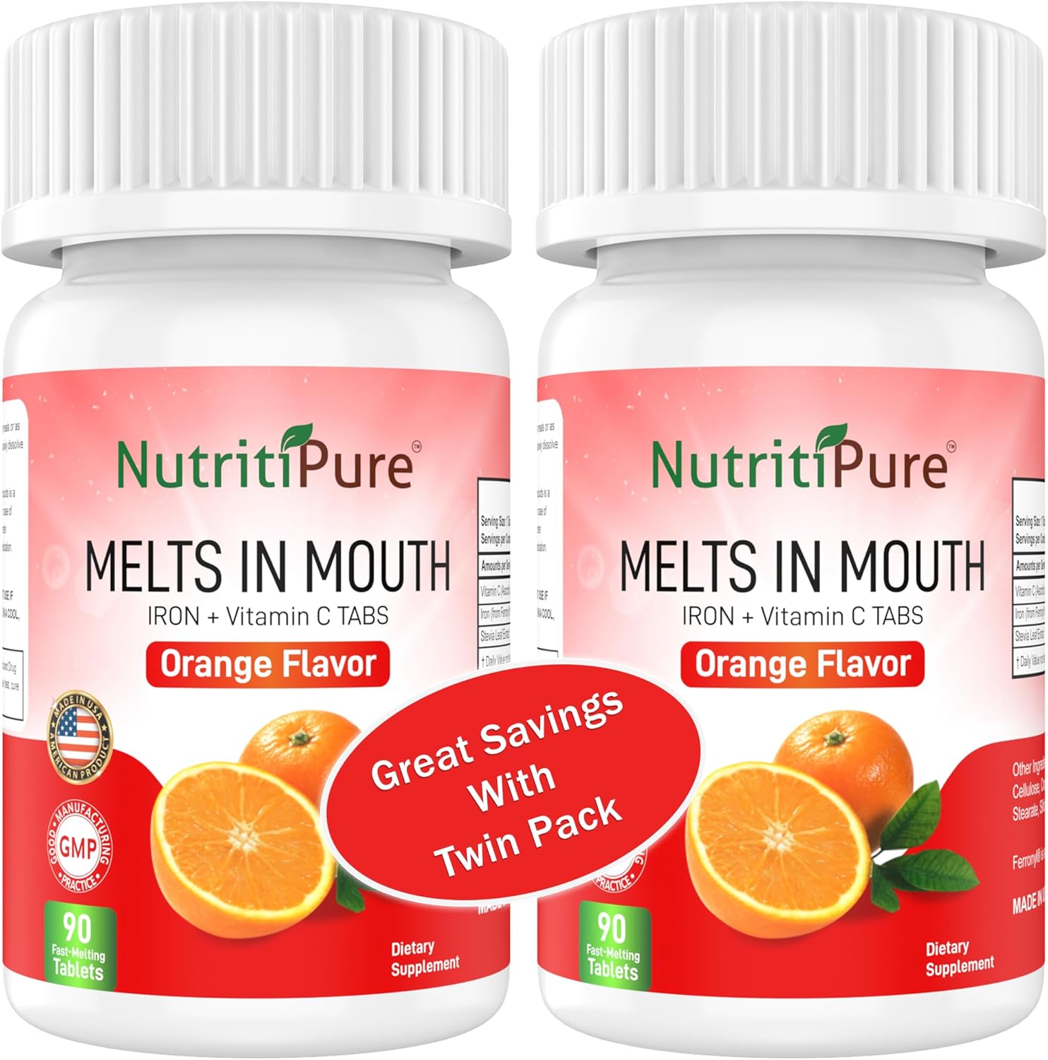 Chewable Iron Supplement with Vitamin C - 18 mg Iron, 30 mg Vitamin C - Orange Flavor Tablets for Women and Men - 90 Count (2 Pack)