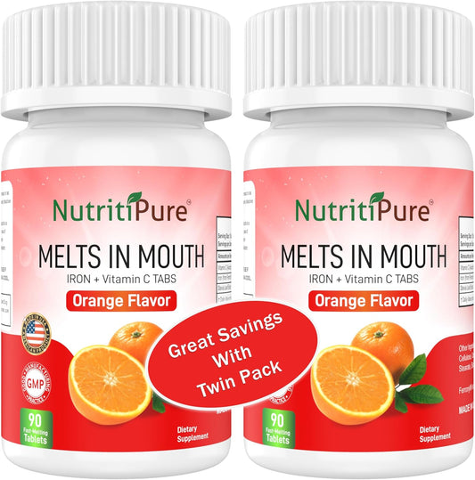 Chewable Iron Supplement with Vitamin C - 18 mg Iron, 30 mg Vitamin C - Orange Flavor Tablets for Women and Men - 90 Count (2 Pack)