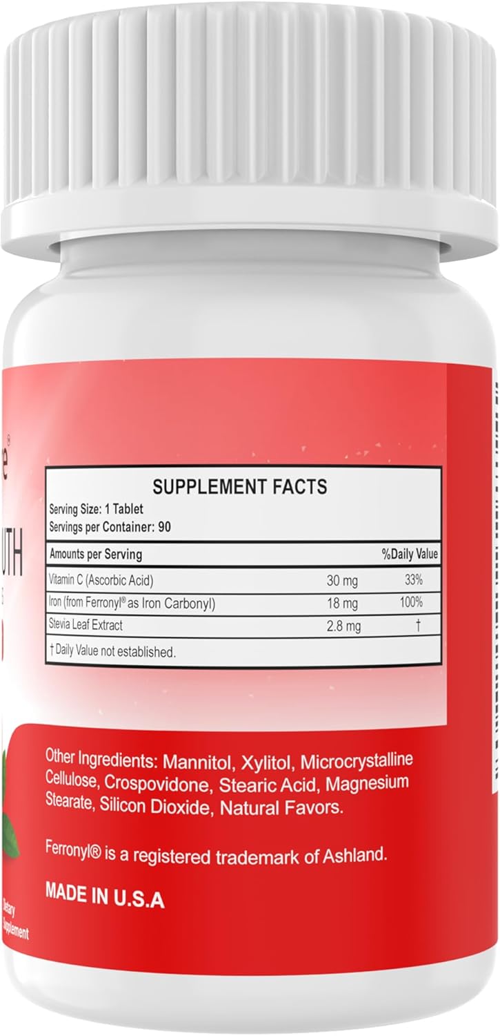 Chewable Iron Supplement with Vitamin C - 18 mg Iron, 30 mg Vitamin C - Orange Flavor Tablets for Women and Men - 90 Count (2 Pack)