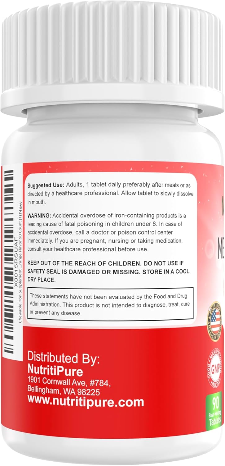Chewable Iron Supplement with Vitamin C - 18 mg Iron, 30 mg Vitamin C - Orange Flavor Tablets for Women and Men - 90 Count (2 Pack)