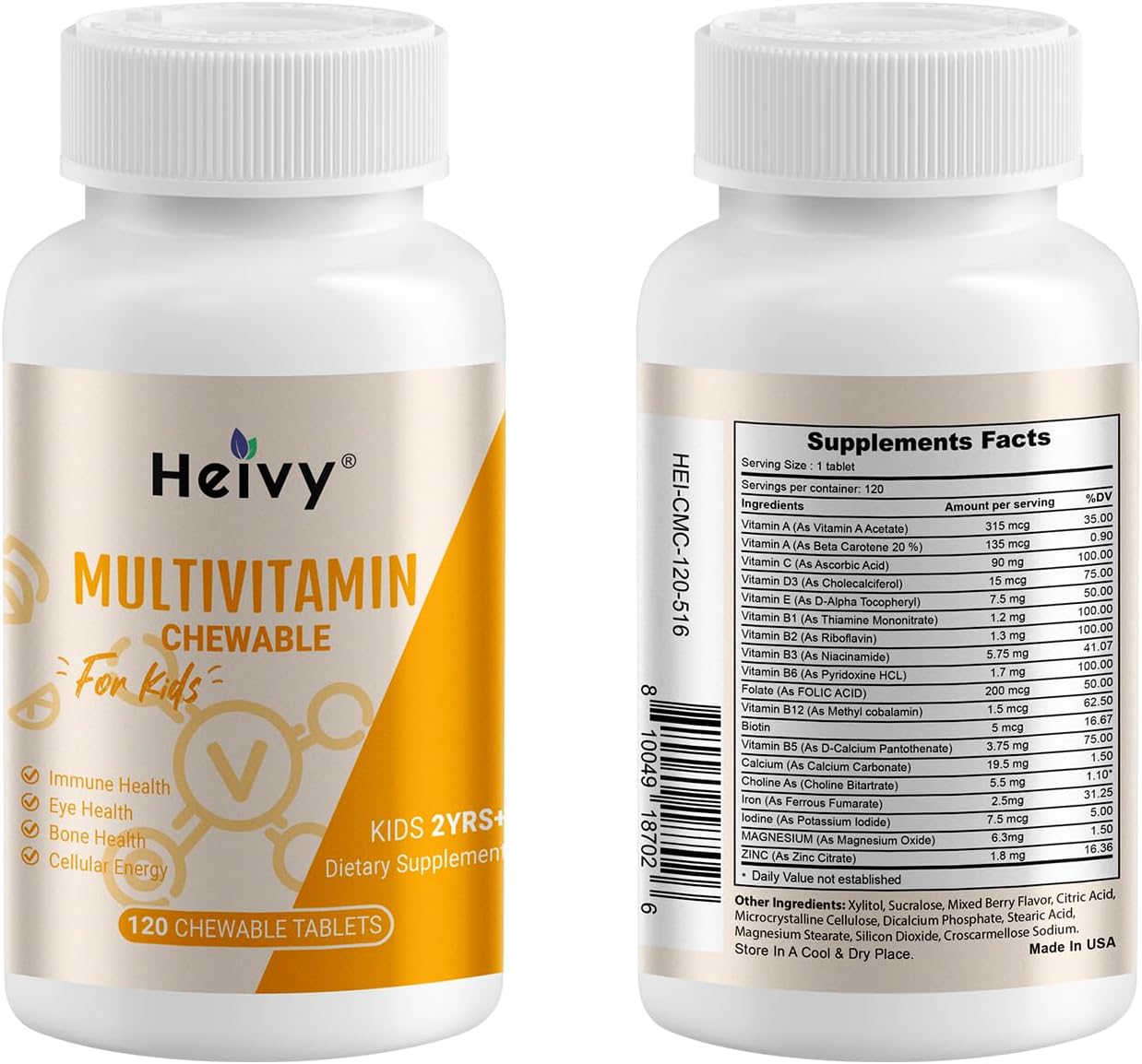 Chewable Kids Multivitamin with Vitamin D3, C, B12, B6, A, E & Zinc - 120 Tablets for Immune Support